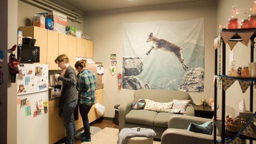 Students in kitchenette of New Hall suite